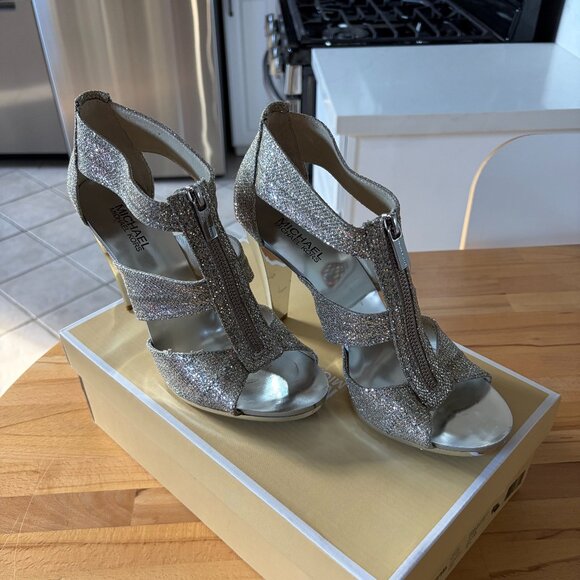 MICHAEL KORS Berkley T-Strap Silver Glitter Leather Heels - Picture 2 of 4